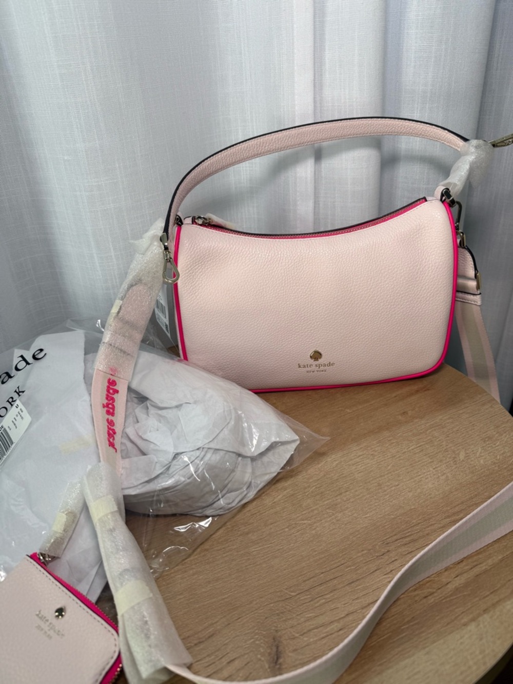 kate spade New York Pink Pebbled Leather Shoulder Bag with Hot Pink Trim - Picture 2 of 10